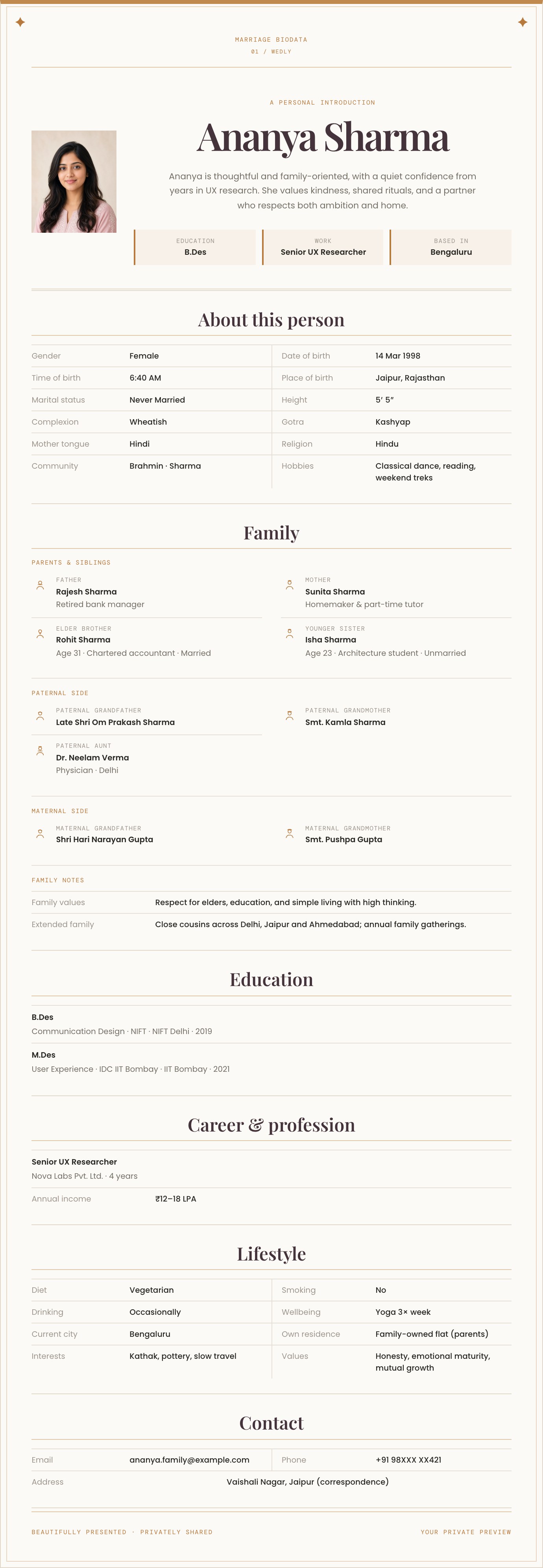 Traditional biodata preview